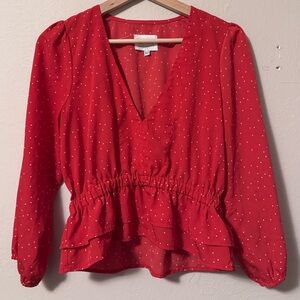 McGuire Denim red with white polka dot deep V ruffle hem blouse Size XS